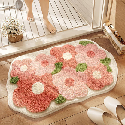Floral Bathroom Mat Cute Absorbent and Non Slip Bath Rug Machine Washable Bath Rug for Dining Room, Kitchen and Living Room (31"x20", Pink Flowers)