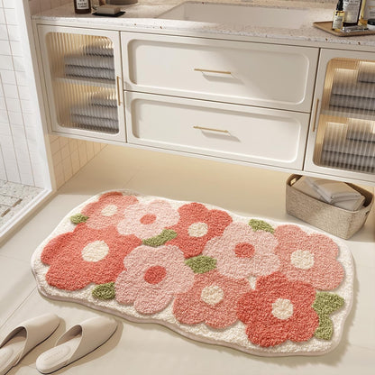 Floral Bathroom Mat Cute Absorbent and Non Slip Bath Rug Machine Washable Bath Rug for Dining Room, Kitchen and Living Room (31"x20", Pink Flowers)