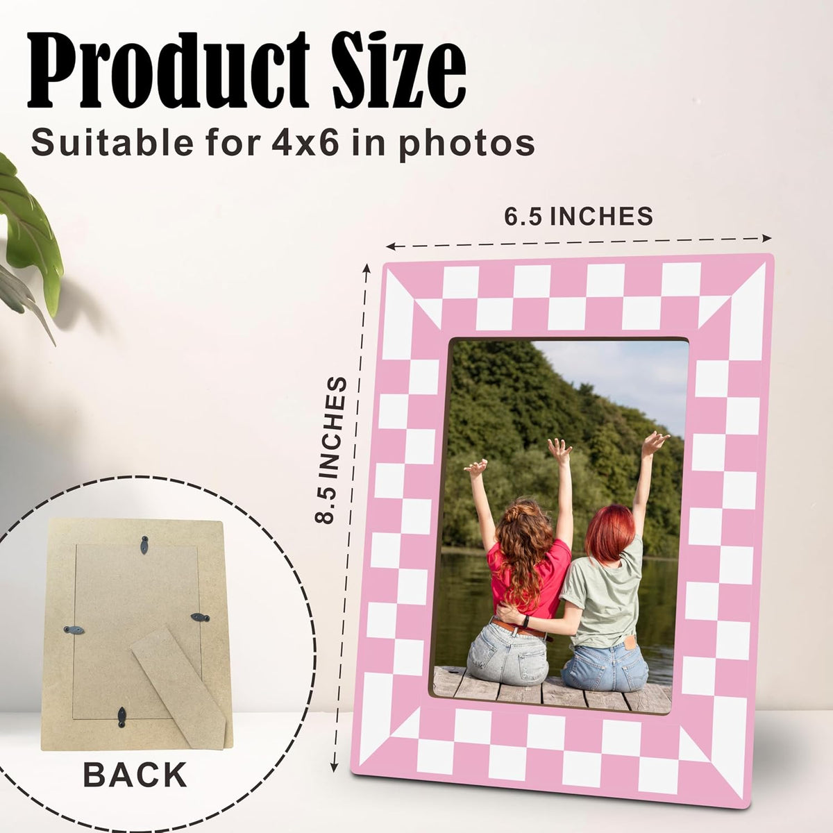Pink Checkerboard Picture Frame 4x6, Modern Wooden Photo Frame with Stand, Aesthetic Desk Decor for Bedroom, Dorm Room & Office, Gift for Women & Girls (A01)