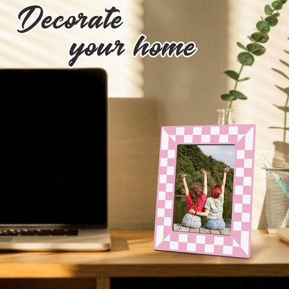 Pink Checkerboard Picture Frame 4x6, Modern Wooden Photo Frame with Stand, Aesthetic Desk Decor for Bedroom, Dorm Room & Office, Gift for Women & Girls (A01)