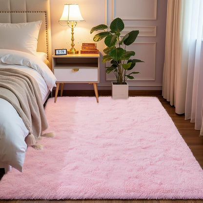 Light Pink Area Rug for Bedroom, Fluffy Shag Plush Rugs for Living Room Girls, Shaggy Throw Soft Fuzzy Small Kids Carpet for Dorm Bedside Ultra Cozy Non-Slip Indoor Decor, 4x5.3 Feet