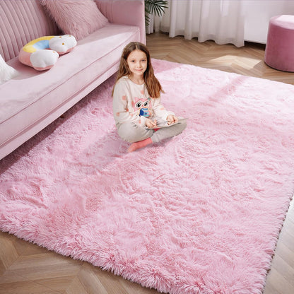 Light Pink Area Rug for Bedroom, Fluffy Shag Plush Rugs for Living Room Girls, Shaggy Throw Soft Fuzzy Small Kids Carpet for Dorm Bedside Ultra Cozy Non-Slip Indoor Decor, 4x5.3 Feet