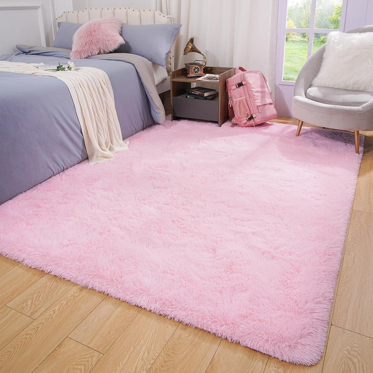Light Pink Area Rug for Bedroom, Fluffy Shag Plush Rugs for Living Room Girls, Shaggy Throw Soft Fuzzy Small Kids Carpet for Dorm Bedside Ultra Cozy Non-Slip Indoor Decor, 4x5.3 Feet