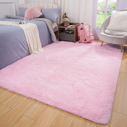 Light Pink Area Rug for Bedroom, Fluffy Shag Plush Rugs for Living Room Girls, Shaggy Throw Soft Fuzzy Small Kids Carpet for Dorm Bedside Ultra Cozy Non-Slip Indoor Decor, 4x5.3 Feet