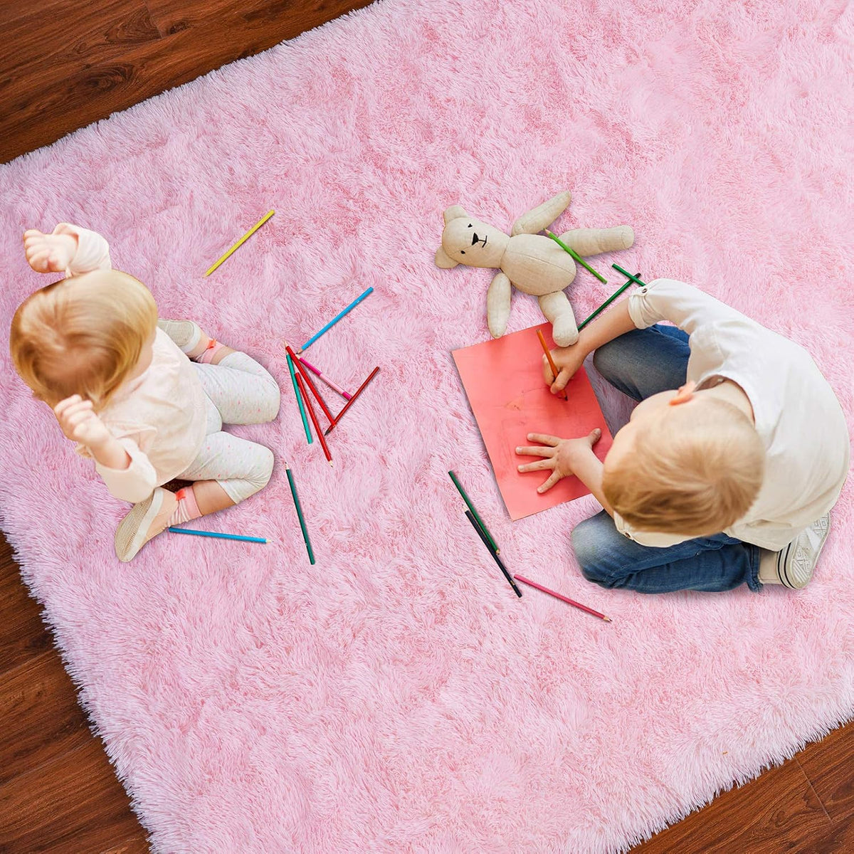 Light Pink Area Rug for Bedroom, Fluffy Shag Plush Rugs for Living Room Girls, Shaggy Throw Soft Fuzzy Small Kids Carpet for Dorm Bedside Ultra Cozy Non-Slip Indoor Decor, 4x5.3 Feet