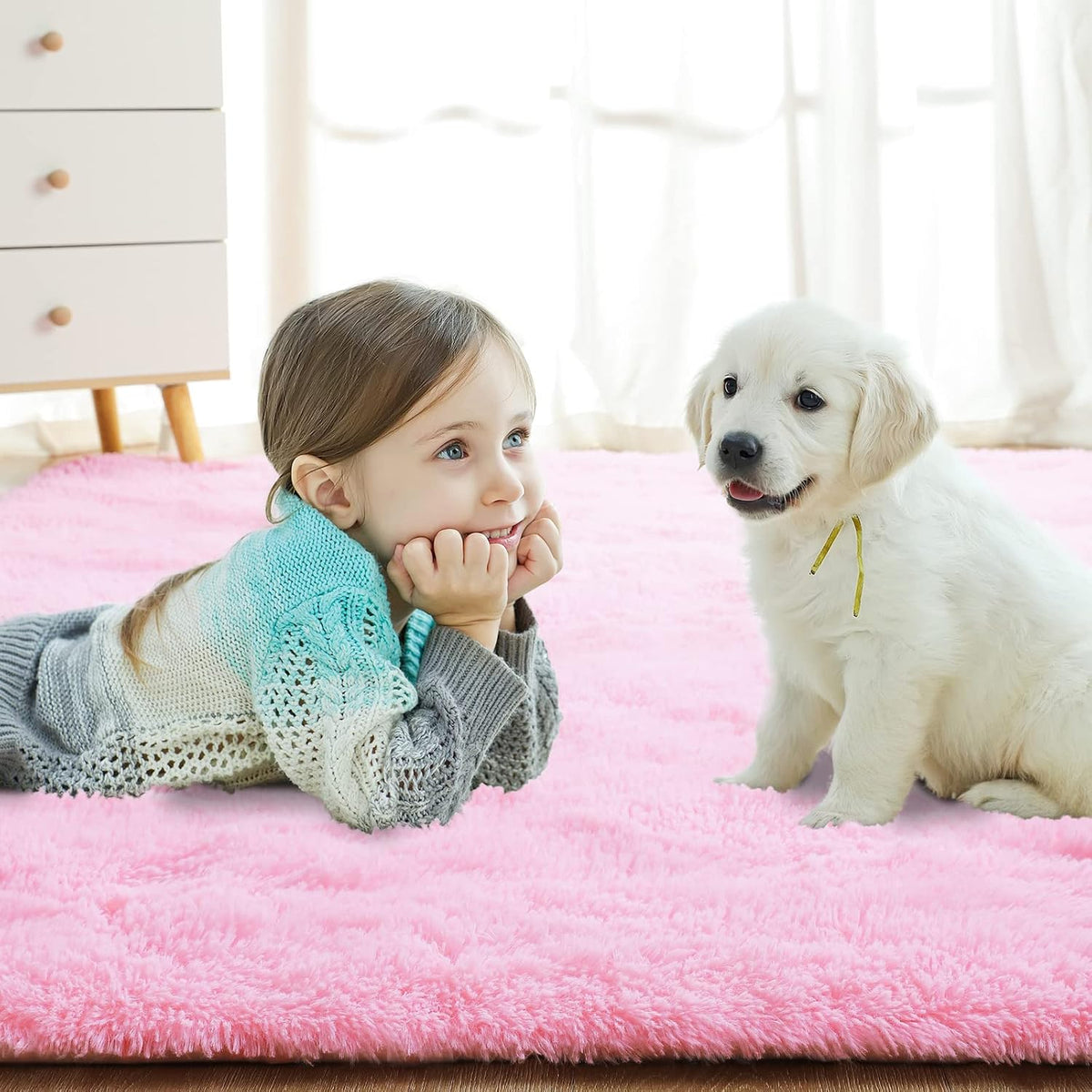 Light Pink Area Rug for Bedroom, Fluffy Shag Plush Rugs for Living Room Girls, Shaggy Throw Soft Fuzzy Small Kids Carpet for Dorm Bedside Ultra Cozy Non-Slip Indoor Decor, 4x5.3 Feet