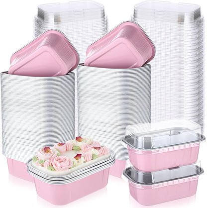 100 Mini Loaf Pans with Lids, 5.7oz Aluminum Foil, Pink