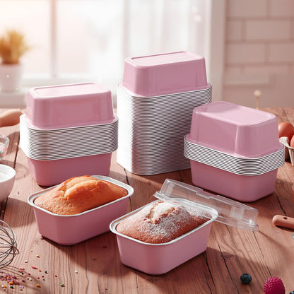 100 Mini Loaf Pans with Lids, 5.7oz Aluminum Foil, Pink