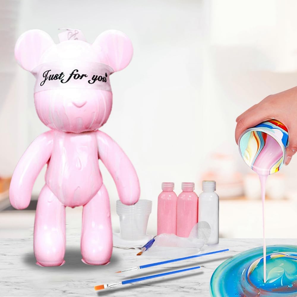 HANDA DIY Painting Fluid Bear Teddy Bear Painting Kit Set Creative Home Decorations Handmade Doll Figurine Toys Gift for Birthday Valentines (9.05 inch, Pink+White)