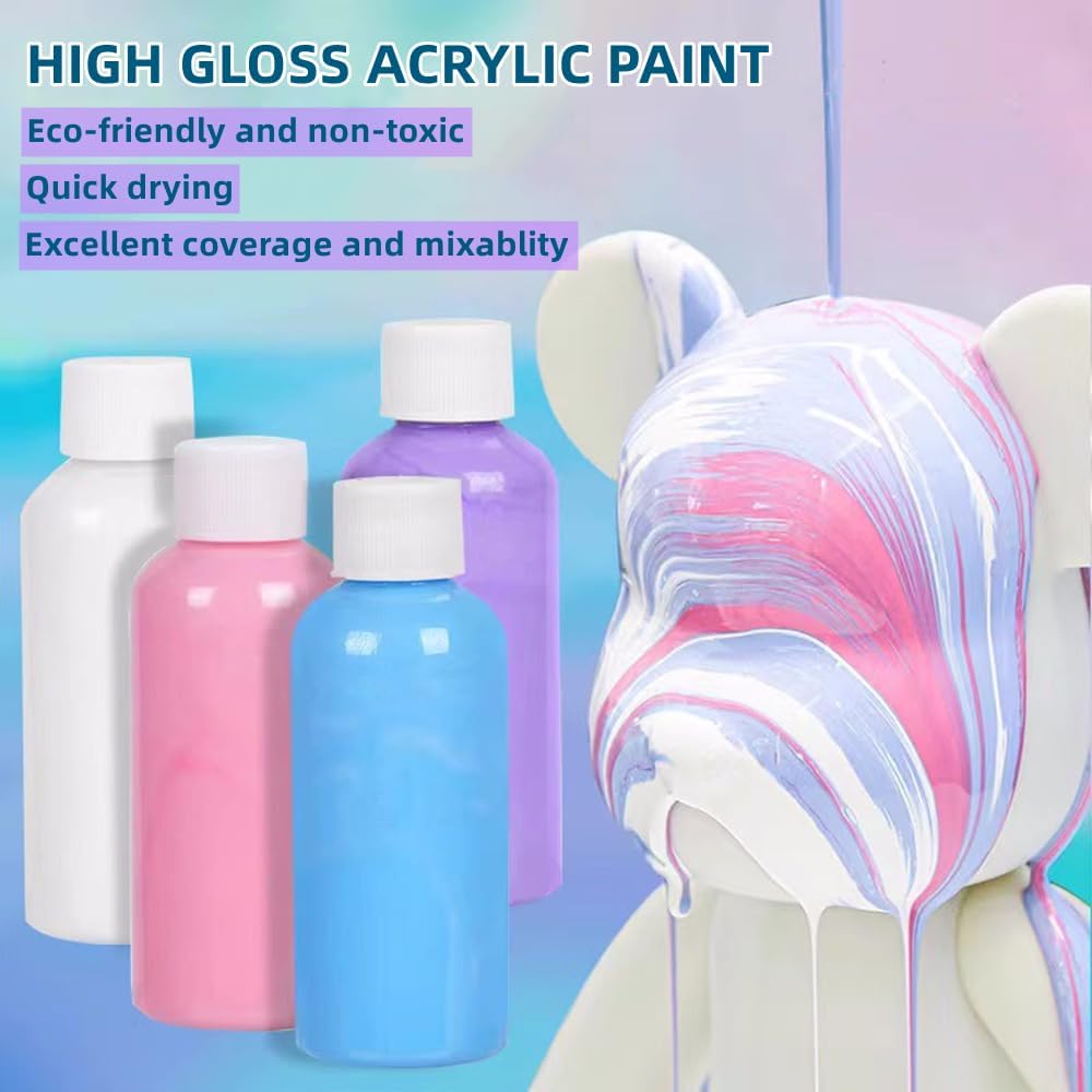 HANDA DIY Painting Fluid Bear Teddy Bear Painting Kit Set Creative Home Decorations Handmade Doll Figurine Toys Gift for Birthday Valentines (9.05 inch, Pink+White)