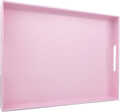 Pink Serving Tray for Coffee Table, Rectangular Plastic Decorative Tray with Handles for Entertaining, Outdoor Patio, Living Room, Ottoman, Bathroom Counter, 11.8”*15.7”*1.6”