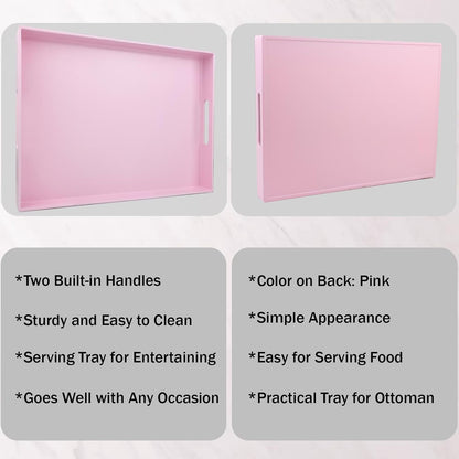 Pink Serving Tray for Coffee Table, Rectangular Plastic Decorative Tray with Handles for Entertaining, Outdoor Patio, Living Room, Ottoman, Bathroom Counter, 11.8”*15.7”*1.6”