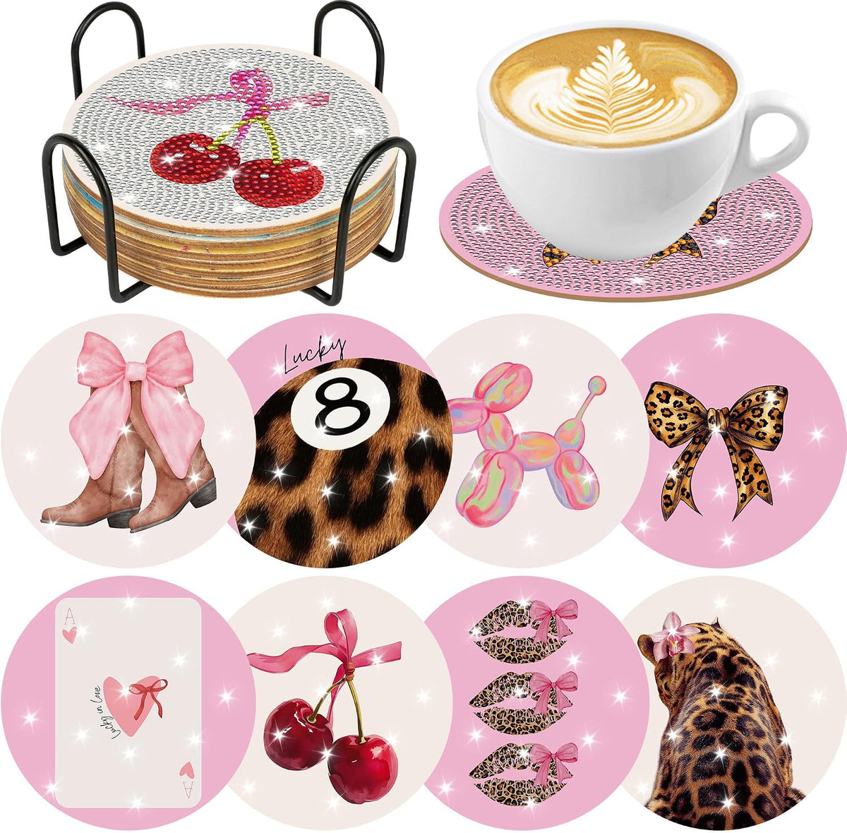 Coquette Diamond Art Coasters Kit, 8 Pcs Pink Diamond Painting Coasters
