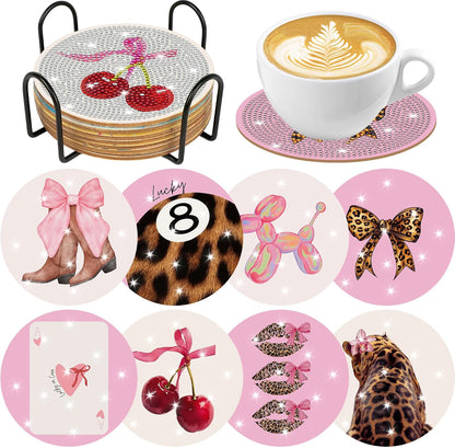 Coquette Diamond Art Coasters Kit, 8 Pcs Pink Diamond Painting Coasters