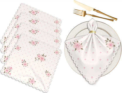 Yibeas Floral Polka Dot Background Cloth Napkins Dinner Table Napkins Shabby Chic Style Pattern with Pink Roses Washable Reusable Napkins Set of 4 Home Holiday Party Wedding