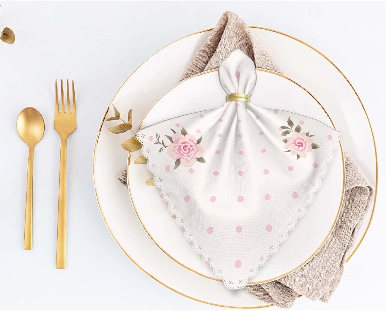 Yibeas Floral Polka Dot Background Cloth Napkins Dinner Table Napkins Shabby Chic Style Pattern with Pink Roses Washable Reusable Napkins Set of 4 Home Holiday Party Wedding