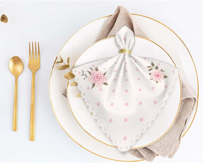 Yibeas Floral Polka Dot Background Cloth Napkins Dinner Table Napkins Shabby Chic Style Pattern with Pink Roses Washable Reusable Napkins Set of 4 Home Holiday Party Wedding