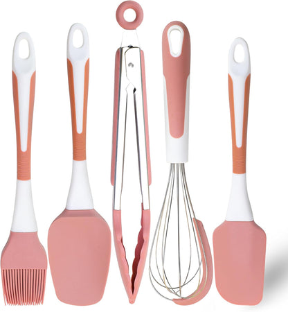 Silicone Spatula Set, 5 Pcs Heat Resistant, Soft & Strong, Nonstick Cookware, Dishwasher Safe (Pink)