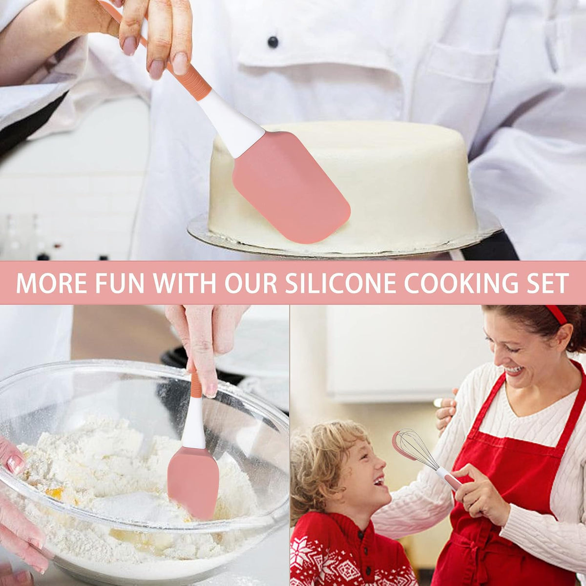 Silicone Spatula Set, 5 Pcs Heat Resistant, Soft & Strong, Nonstick Cookware, Dishwasher Safe (Pink)