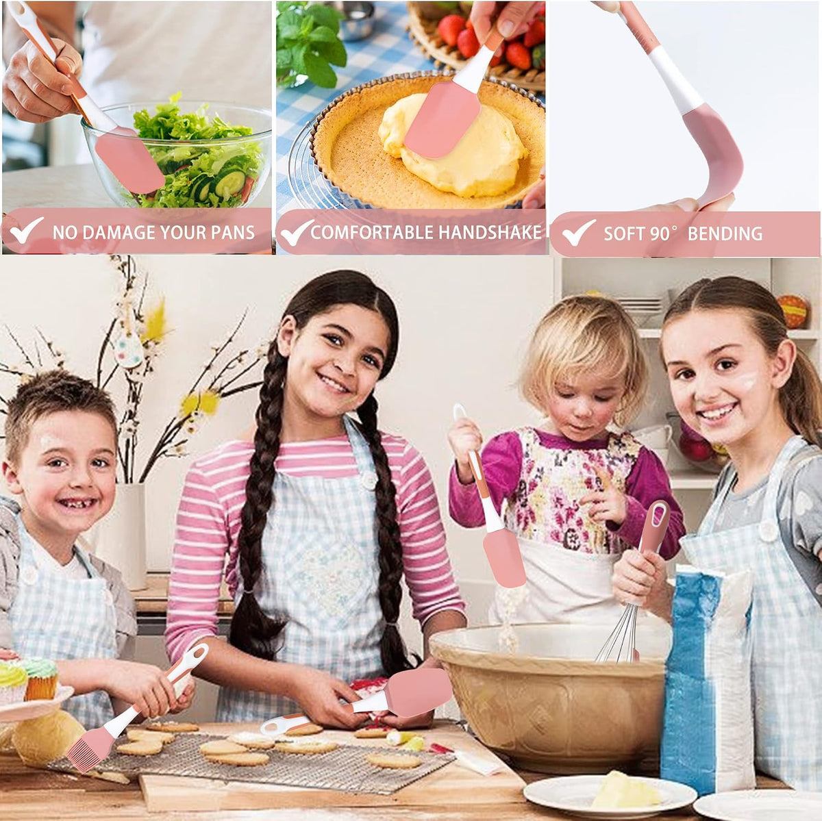 Silicone Spatula Set, 5 Pcs Heat Resistant, Soft & Strong, Nonstick Cookware, Dishwasher Safe (Pink)