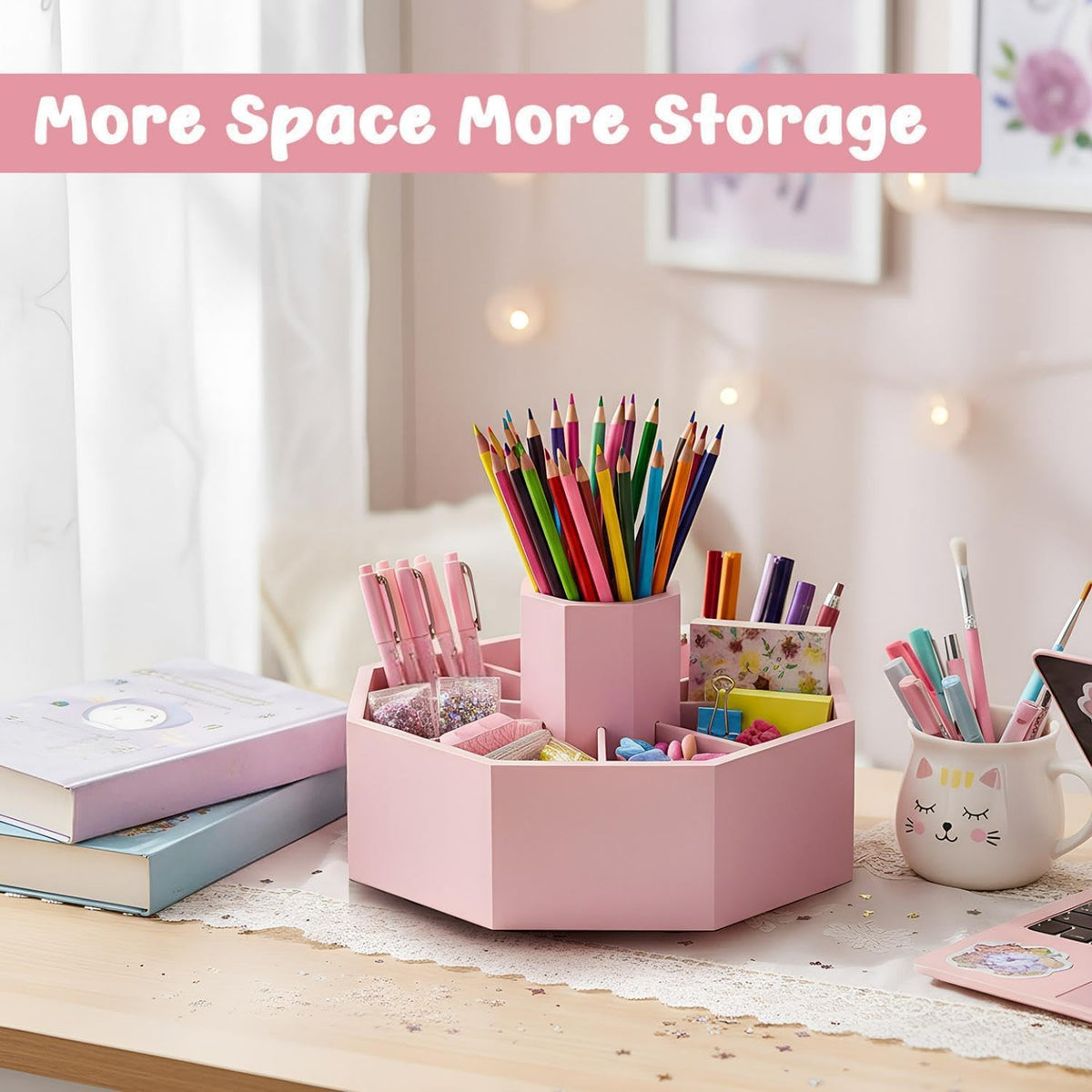 360° Rotating Pencil Holder Desk Bamboo Pen Marker, Light Pink