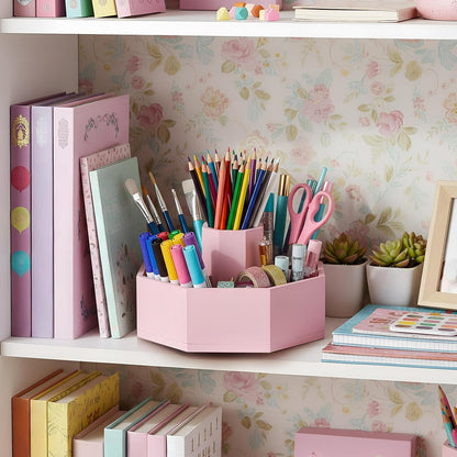 360° Rotating Pencil Holder Desk Bamboo Pen Marker, Light Pink