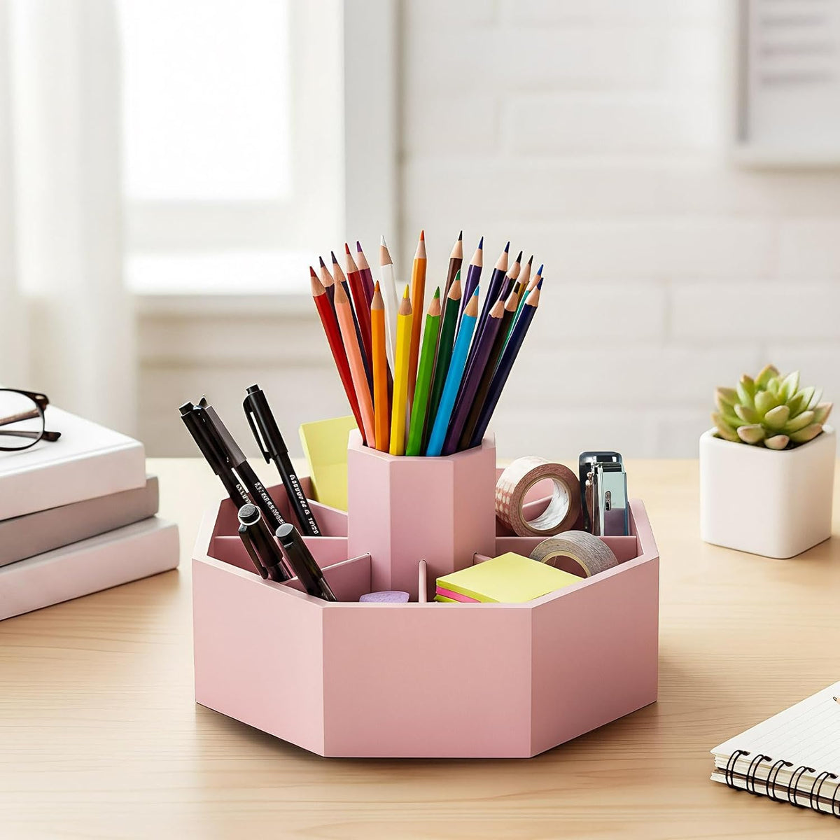 360° Rotating Pencil Holder Desk Bamboo Pen Marker, Light Pink