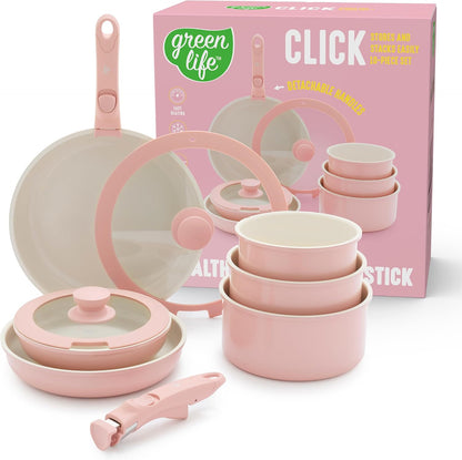 10 Piece Nonstick Pots & Pans Set, Detachable Handle & Stackable Cookware Set, Non Toxic PFAS-Free Skillets, Induction Kitchen Pans, Space Saving, Serving Bowls, Oven Safe, Light Pink