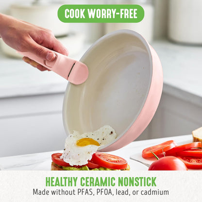 10 Piece Nonstick Pots & Pans Set, Detachable Handle & Stackable Cookware Set, Non Toxic PFAS-Free Skillets, Induction Kitchen Pans, Space Saving, Serving Bowls, Oven Safe, Light Pink