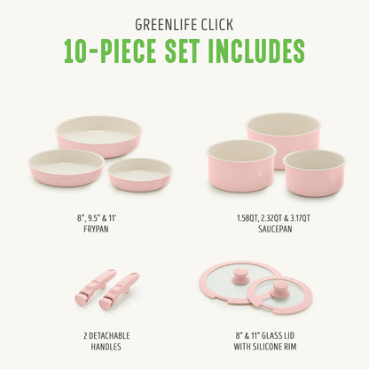 10 Piece Nonstick Pots & Pans Set, Detachable Handle & Stackable Cookware Set, Non Toxic PFAS-Free Skillets, Induction Kitchen Pans, Space Saving, Serving Bowls, Oven Safe, Light Pink