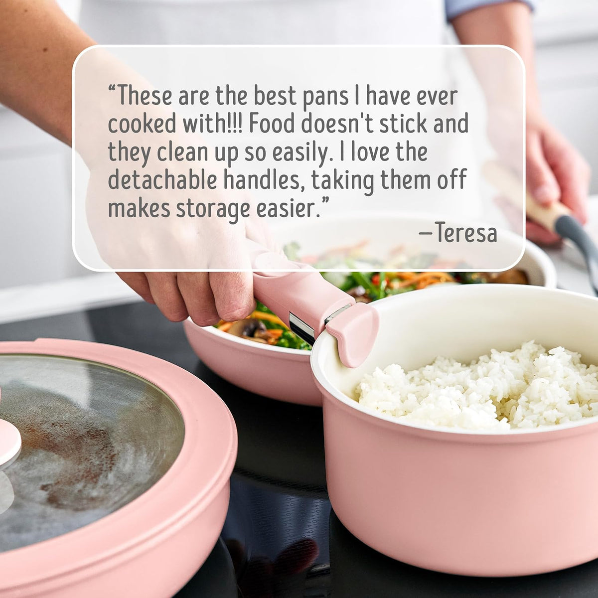 10 Piece Nonstick Pots & Pans Set, Detachable Handle & Stackable Cookware Set, Non Toxic PFAS-Free Skillets, Induction Kitchen Pans, Space Saving, Serving Bowls, Oven Safe, Light Pink