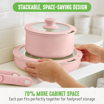 10 Piece Nonstick Pots & Pans Set, Detachable Handle & Stackable Cookware Set, Non Toxic PFAS-Free Skillets, Induction Kitchen Pans, Space Saving, Serving Bowls, Oven Safe, Light Pink