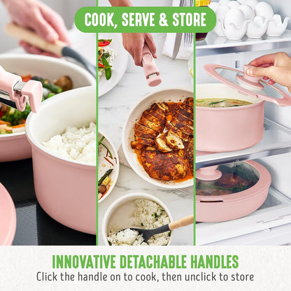 10 Piece Nonstick Pots & Pans Set, Detachable Handle & Stackable Cookware Set, Non Toxic PFAS-Free Skillets, Induction Kitchen Pans, Space Saving, Serving Bowls, Oven Safe, Light Pink