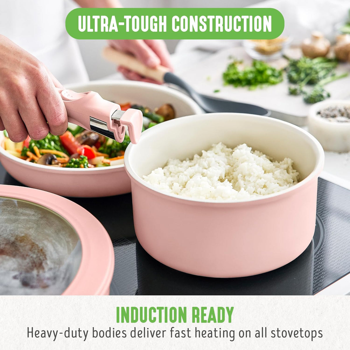 10 Piece Nonstick Pots & Pans Set, Detachable Handle & Stackable Cookware Set, Non Toxic PFAS-Free Skillets, Induction Kitchen Pans, Space Saving, Serving Bowls, Oven Safe, Light Pink