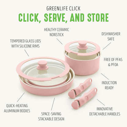 10 Piece Nonstick Pots & Pans Set, Detachable Handle & Stackable Cookware Set, Non Toxic PFAS-Free Skillets, Induction Kitchen Pans, Space Saving, Serving Bowls, Oven Safe, Light Pink