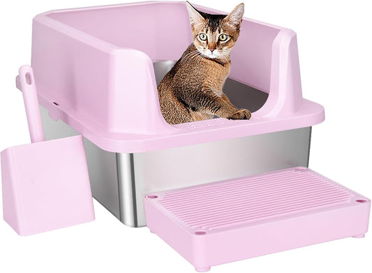 Open Cat Litter Box: Stainless Steel High Walls with Scoop