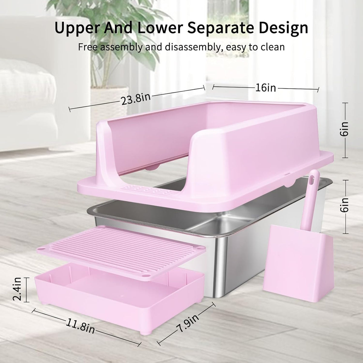 Open Cat Litter Box: Stainless Steel High Walls with Scoop