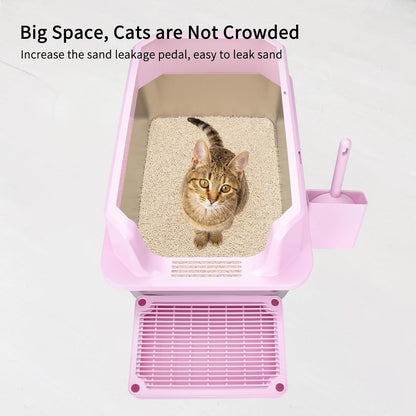 Open Cat Litter Box: Stainless Steel High Walls with Scoop