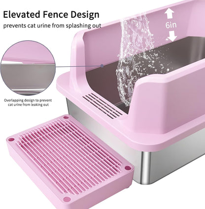 Open Cat Litter Box: Stainless Steel High Walls with Scoop