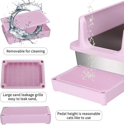 Open Cat Litter Box: Stainless Steel High Walls with Scoop