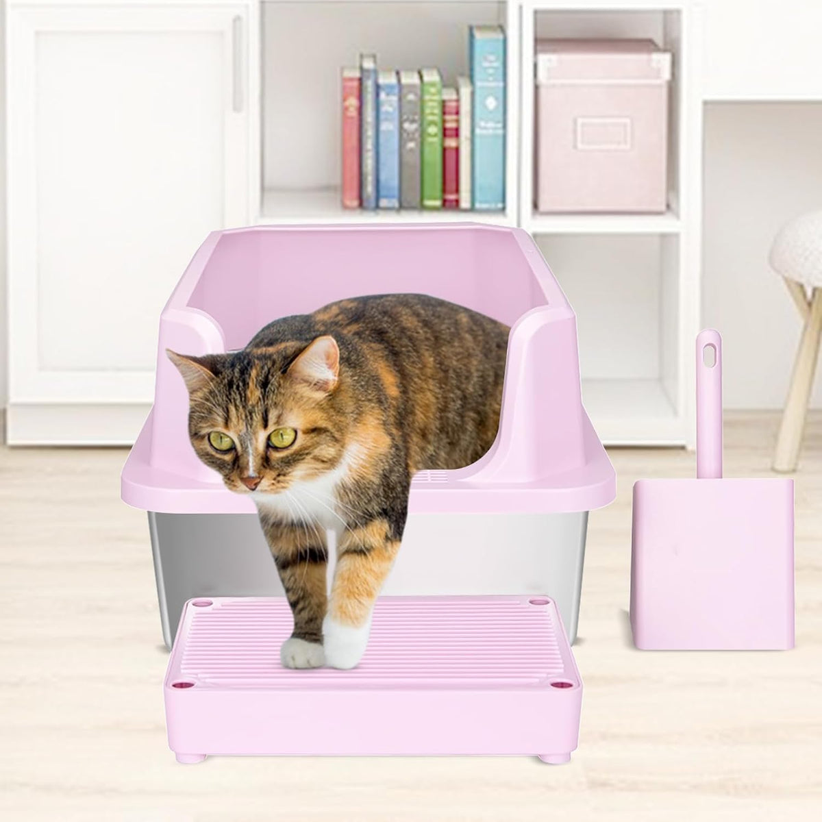 Open Cat Litter Box: Stainless Steel High Walls with Scoop