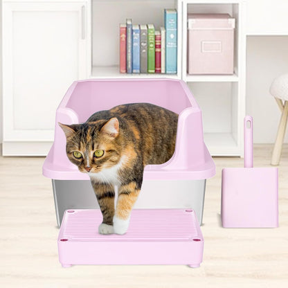 Open Cat Litter Box: Stainless Steel High Walls with Scoop