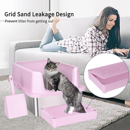 Open Cat Litter Box: Stainless Steel High Walls with Scoop