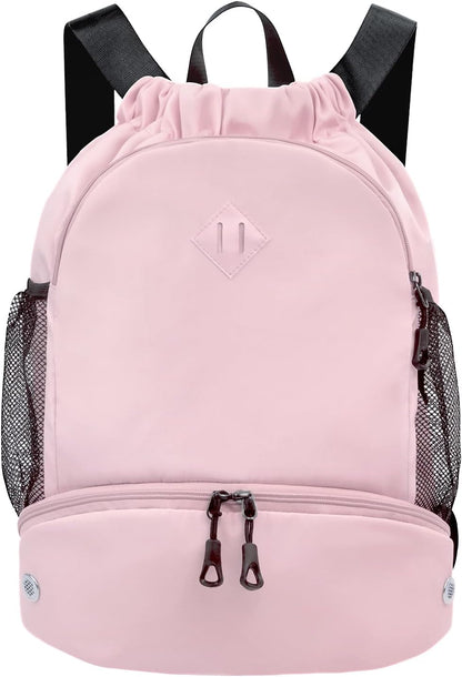 Drawstring Backpack with Shoe Compartment and Wet Pocket, Large Pink