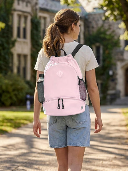 Drawstring Backpack with Shoe Compartment and Wet Pocket, Large Pink