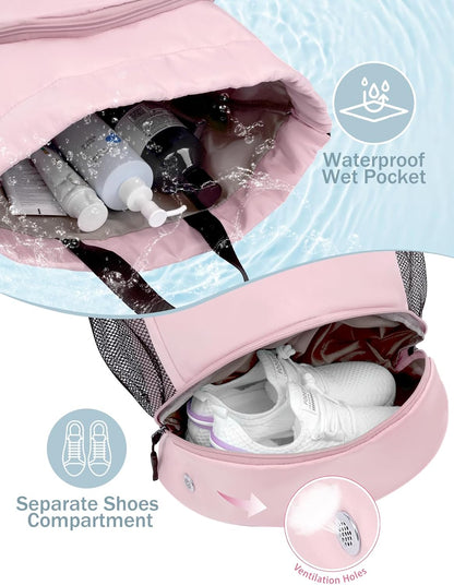 Drawstring Backpack with Shoe Compartment and Wet Pocket, Large Pink