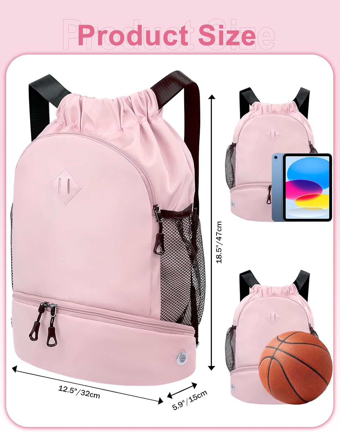 Drawstring Backpack with Shoe Compartment and Wet Pocket, Large Pink