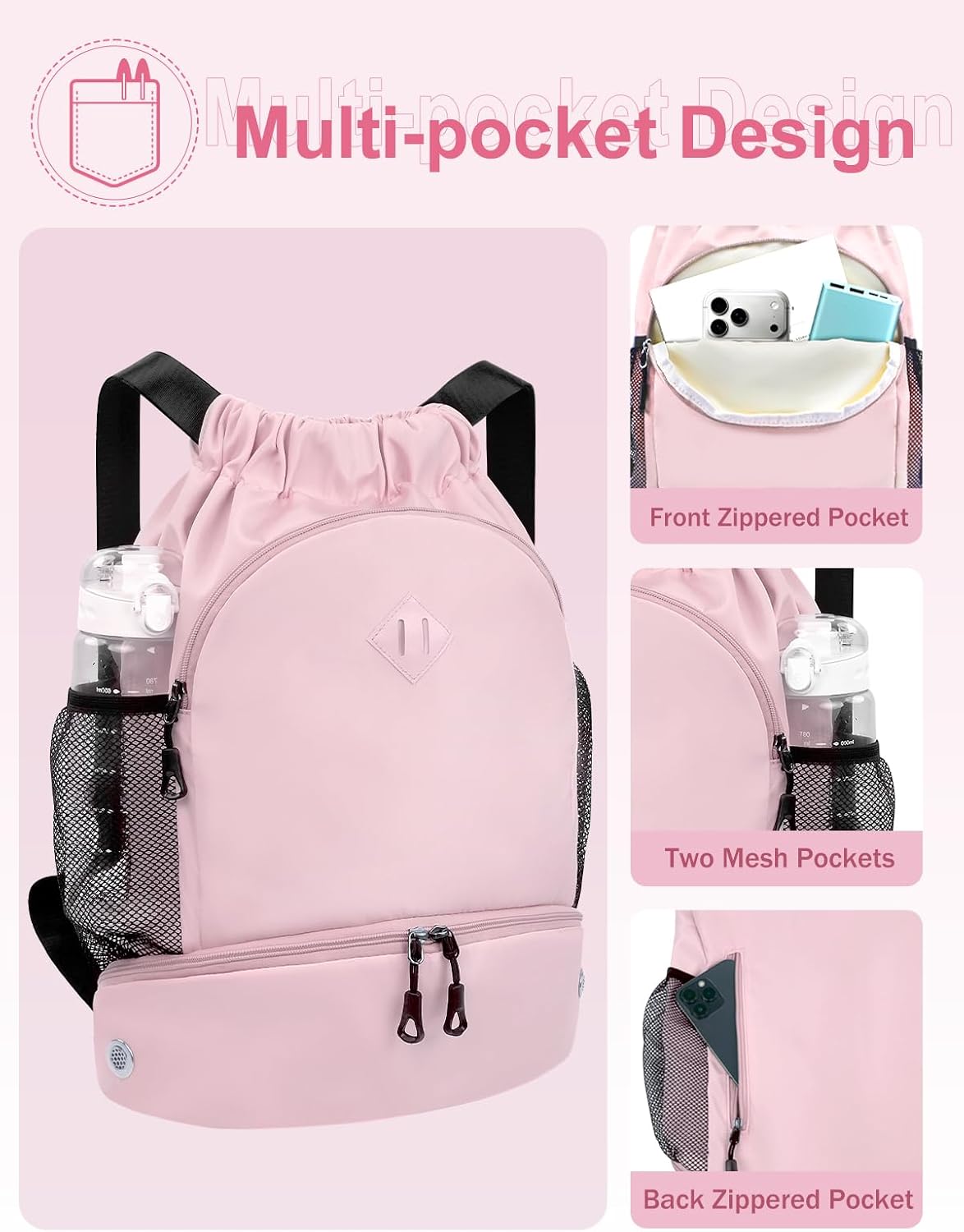 Drawstring Backpack with Shoe Compartment and Wet Pocket, Large Pink