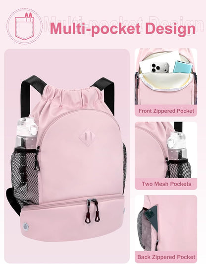 Drawstring Backpack with Shoe Compartment and Wet Pocket, Large Pink
