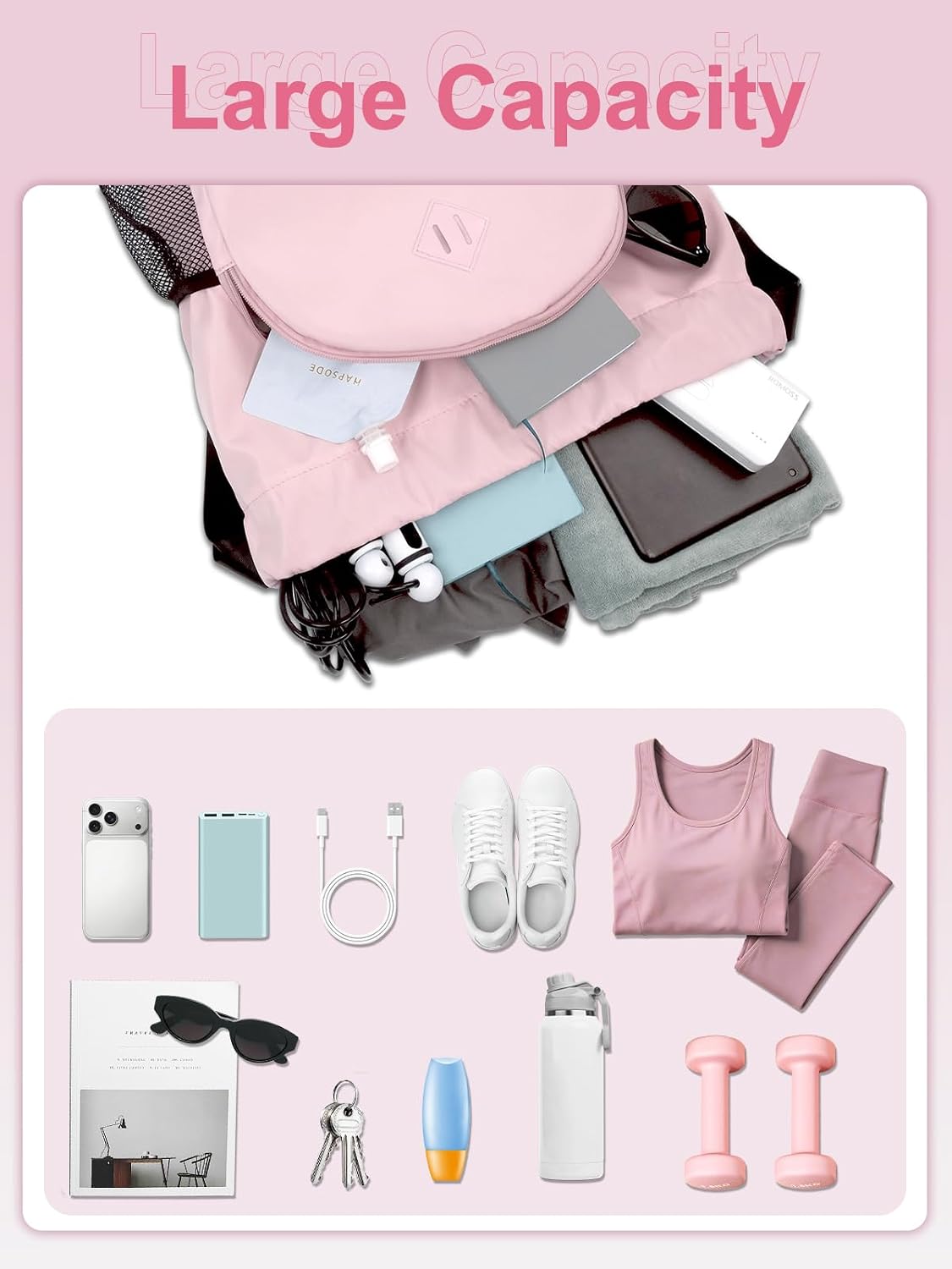 Drawstring Backpack with Shoe Compartment and Wet Pocket, Large Pink